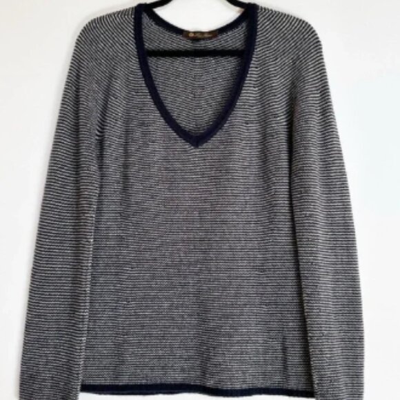 Loro Piana Navy Striped 100% Cashmere V Neck Sweater - Picture 1 of 6